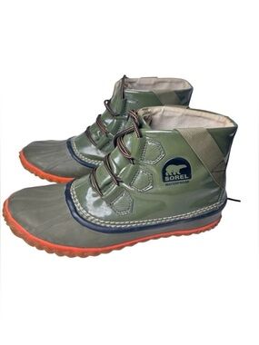 Sorel Waterproof Out And About Green Olive and Orange Winter Ankle Boots